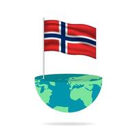 Norway flag pole on globe. Flag waving around the world. Easy editing and vector in groups. National flag vector illustration on white background.