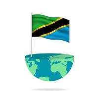 Tanzania flag pole on globe. Flag waving around the world. Easy editing and vector in groups. National flag vector illustration on white background.