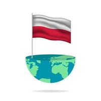 Poland flag pole on globe. Flag waving around the world. Easy editing and vector in groups. National flag vector illustration on white background.