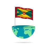 Grenada flag pole on globe. Flag waving around the world. Easy editing and vector in groups. National flag vector illustration on white background.