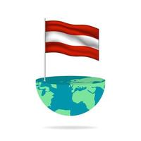 Austria flag pole on globe. Flag waving around the world. Easy editing and vector in groups. National flag vector illustration on white background.