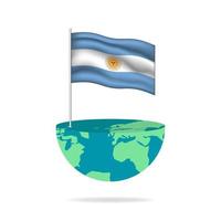 Argentina flag pole on globe. Flag waving around the world. Easy editing and vector in groups. National flag vector illustration on white background.