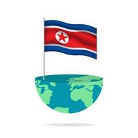 North Korea flag pole on globe. Flag waving around the world. Easy editing and vector in groups. National flag vector illustration on white background.