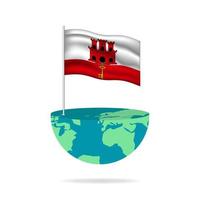 Gibraltar flag pole on globe. Flag waving around the world. Easy editing and vector in groups. National flag vector illustration on white background.