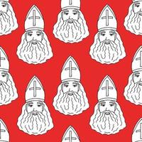 White silhouette of Sinterklaas on a bright red background. Hand-drawn simple vector seamless pattern for New Year, Christmas design. Traditional holiday, the day of St. Nicholas. Gift wrapping.