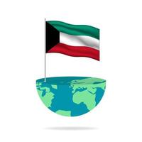 Kuwait flag pole on globe. Flag waving around the world. Easy editing and vector in groups. National flag vector illustration on white background.