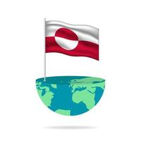 Greenland flag pole on globe. Flag waving around the world. Easy editing and vector in groups. National flag vector illustration on white background.