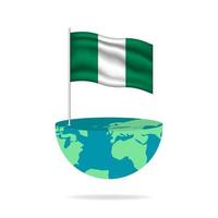 Nigeria flag pole on globe. Flag waving around the world. Easy editing and vector in groups. National flag vector illustration on white background.