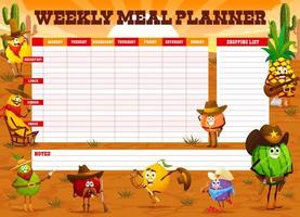 Weekly meal planner, cartoon fruit western cowboys vector