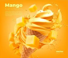 cono de helado suave de mango con salpicaduras de frutas vector