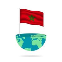 Morocco flag pole on globe. Flag waving around the world. Easy editing and vector in groups. National flag vector illustration on white background.