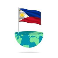 Philippines flag pole on globe. Flag waving around the world. Easy editing and vector in groups. National flag vector illustration on white background.