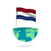 Netherlands flag pole on globe. Flag waving around the world. Easy editing and vector in groups. National flag vector illustration on white background.