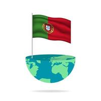 Portugal flag pole on globe. Flag waving around the world. Easy editing and vector in groups. National flag vector illustration on white background.