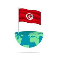 Tunisia flag pole on globe. Flag waving around the world. Easy editing and vector in groups. National flag vector illustration on white background.