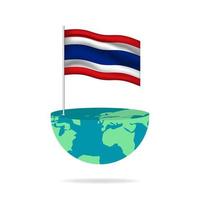 Thailand flag pole on globe. Flag waving around the world. Easy editing and vector in groups. National flag vector illustration on white background.