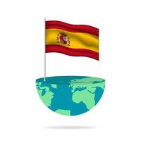 Spain flag pole on globe. Flag waving around the world. Easy editing and vector in groups. National flag vector illustration on white background.