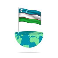 Uzbekistan flag pole on globe. Flag waving around the world. Easy editing and vector in groups. National flag vector illustration on white background.