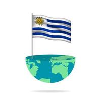 Uruguay flag pole on globe. Flag waving around the world. Easy editing and vector in groups. National flag vector illustration on white background.