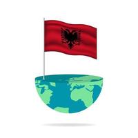 Albania flag pole on globe. Flag waving around the world. Easy editing and vector in groups. National flag vector illustration on white background.