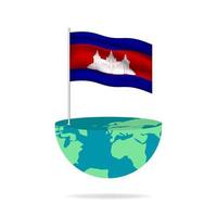 Cambodia flag pole on globe. Flag waving around the world. Easy editing and vector in groups. National flag vector illustration on white background.