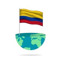 Colombia flag pole on globe. Flag waving around the world. Easy editing and vector in groups. National flag vector illustration on white background.