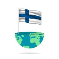 Finland flag pole on globe. Flag waving around the world. Easy editing and vector in groups. National flag vector illustration on white background.