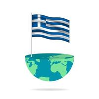 Greece flag pole on globe. Flag waving around the world. Easy editing and vector in groups. National flag vector illustration on white background.