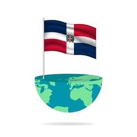 Dominican Republic flag pole on globe. Flag waving around the world. Easy editing and vector in groups. National flag vector illustration on white background.