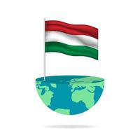 Hungary flag pole on globe. Flag waving around the world. Easy editing and vector in groups. National flag vector illustration on white background.