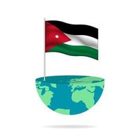 Jordan flag pole on globe. Flag waving around the world. Easy editing and vector in groups. National flag vector illustration on white background.