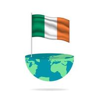 Ireland flag pole on globe. Flag waving around the world. Easy editing and vector in groups. National flag vector illustration on white background.