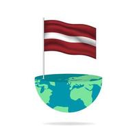 Latvia flag pole on globe. Flag waving around the world. Easy editing and vector in groups. National flag vector illustration on white background.