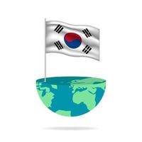 South Korea flag pole on globe. Flag waving around the world. Easy editing and vector in groups. National flag vector illustration on white background.