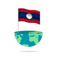 Laos flag pole on globe. Flag waving around the world. Easy editing and vector in groups. National flag vector illustration on white background.