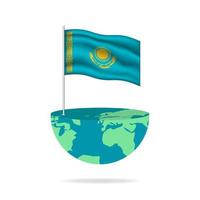 Kazakhstan flag pole on globe. Flag waving around the world. Easy editing and vector in groups. National flag vector illustration on white background.