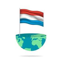 Luxembourg flag pole on globe. Flag waving around the world. Easy editing and vector in groups. National flag vector illustration on white background.