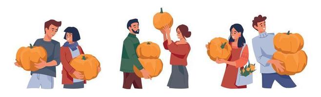 Autumn fair. Men and women with pumpkins. Set of illustrations. Vector image.