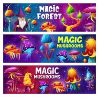 hongos mágicos y mago en un bosque alienígena de fantasía vector