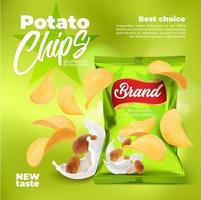 Realistic mushrooms flavored potato chips package vector