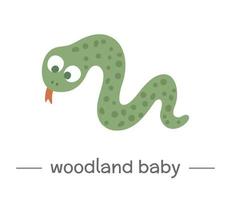 Vector hand drawn flat baby snake. Funny woodland animal icon. Cute forest animalistic illustration for children design, print, stationery