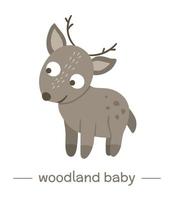 Vector hand drawn flat baby deer. Funny woodland animal icon. Cute forest animalistic illustration for children design, print, stationery