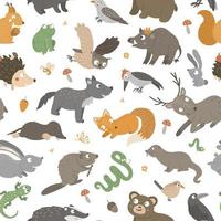 Vector seamless pattern with hand drawn flat funny animals. Cute repeat background with forest creatures. Sweet woodland ornament for children design, print.