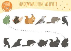 Shadow matching activity for children with woodland animals. Cute funny smiling frog, hedgehog, squirrel, cuckoo, beaver, raven. Find the correct silhouette game. vector