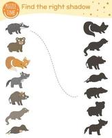 Shadow matching activity for children with woodland animals. Cute funny smiling wolf, bear, fox, badger, mole, otter, wild boar. Find the correct silhouette game. vector