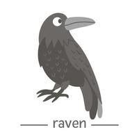 Vector hand drawn flat raven. Funny woodland bird icon. Cute forest animalistic illustration for children design, print, stationery