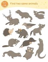 Find two same animals. Matching activity for children. Funny woodland game for kids. Logical quiz worksheet. vector