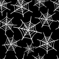 Vector seamless pattern of white hand drawn spider web on black background. Cute Halloween pattern with cobweb. Halloween design for packing paper or cover.