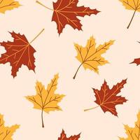 Vector seamless autumn pattern with maple leaves. Fall yellow maple leaf. Gold and red foliage. Autumn maple tree.