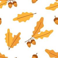 Vector seamless autumn pattern with yellow oak leaves and acorns. Oak branch, leaf and acorn. Cute autumn collection. Fall background.